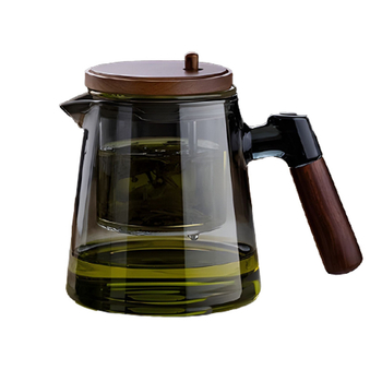 Ceainic elegant personalizabil pentru infuzie, mâner din lemn de nuc, interior din sticlă, filtrare printr-un buton, separare ceai-apă și pregătire prin presare.