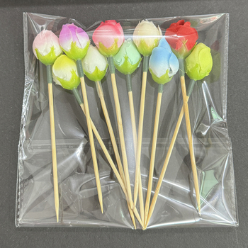 Set de 10 scobitori din lemn cu flori pentru fructe și cocktailuri — bețișoare decorative, de unică folosință, cu motiv trandafir