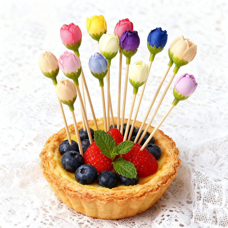 Set de 10 scobitori din lemn cu flori pentru fructe și cocktailuri — bețișoare decorative, de unică folosință, cu motiv trandafir