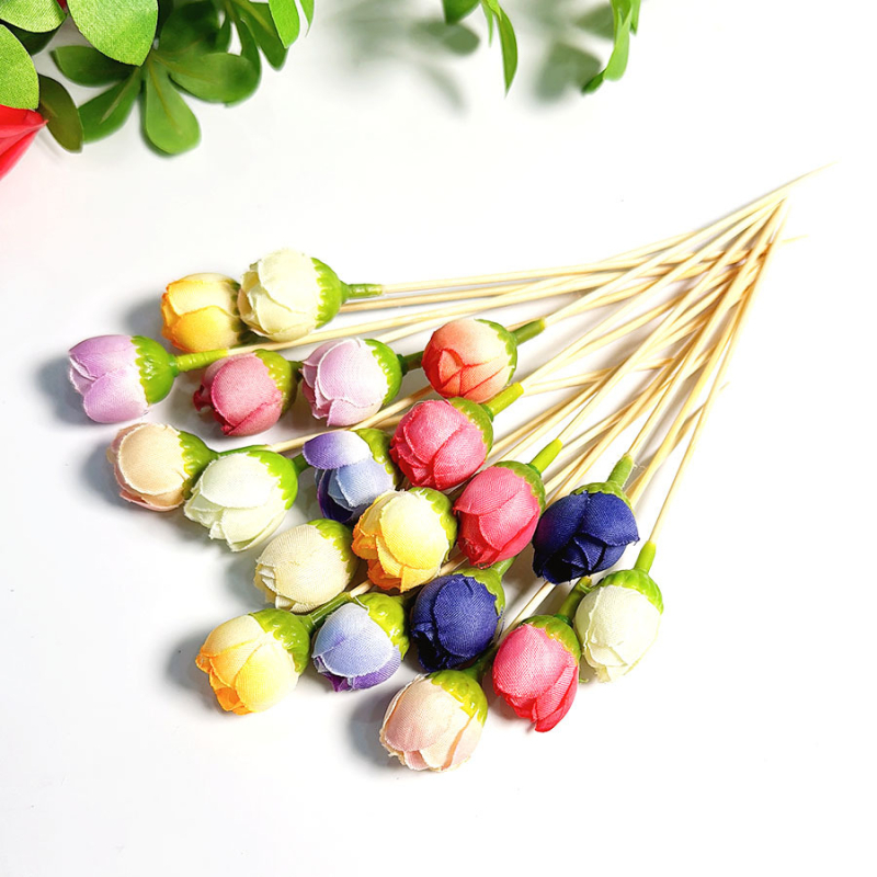 Set de 10 scobitori din lemn cu flori pentru fructe și cocktailuri — bețișoare decorative, de unică folosință, cu motiv trandafir