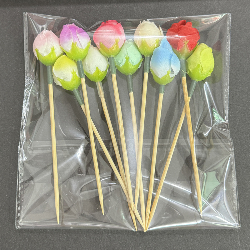Set de 10 scobitori din lemn cu flori pentru fructe și cocktailuri — bețișoare decorative, de unică folosință, cu motiv trandafir