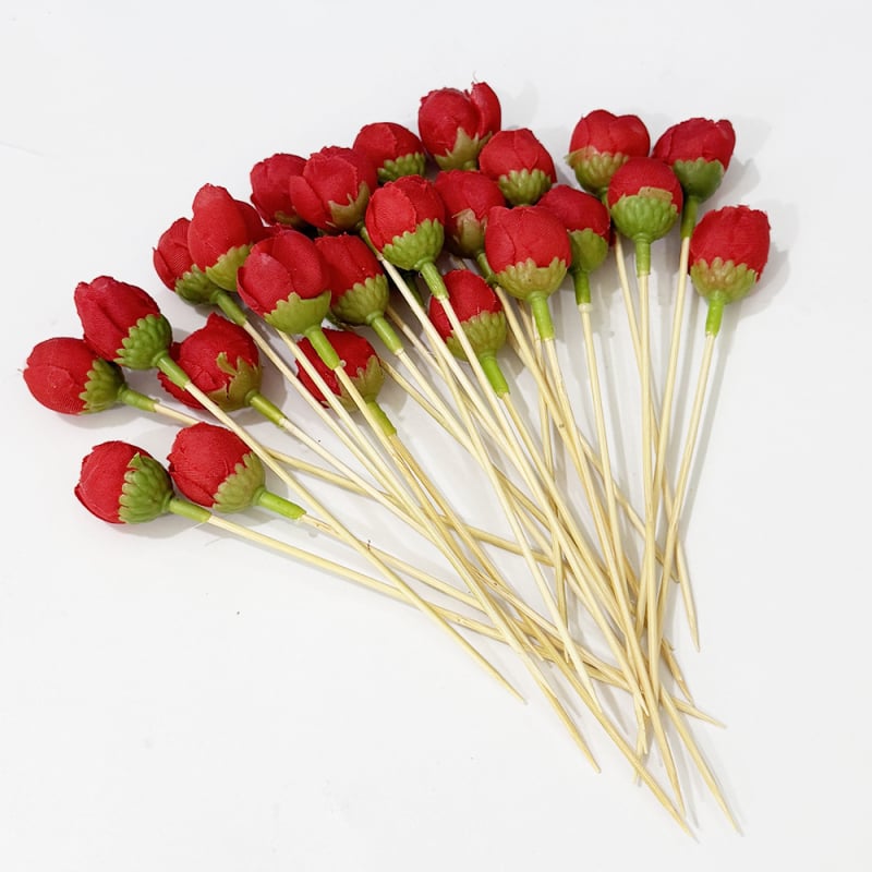 Set de 10 scobitori din lemn cu flori pentru fructe și cocktailuri — bețișoare decorative, de unică folosință, cu motiv trandafir