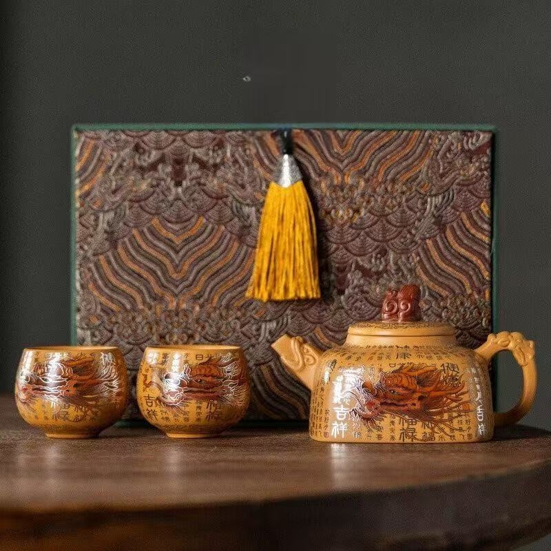 Set ceai din argilă movă cu ceainic Xishi, 1 ceainic și 2 cești, set Kung Fu cu finisaj auriu