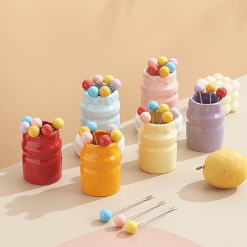 Set ceramic: sticlă de lapte, furci pentru fructe și furculițe de desert, borcan de depozitare, culoare sub glazură la temperaturi înalte, pentru ceaiul de după-amiază