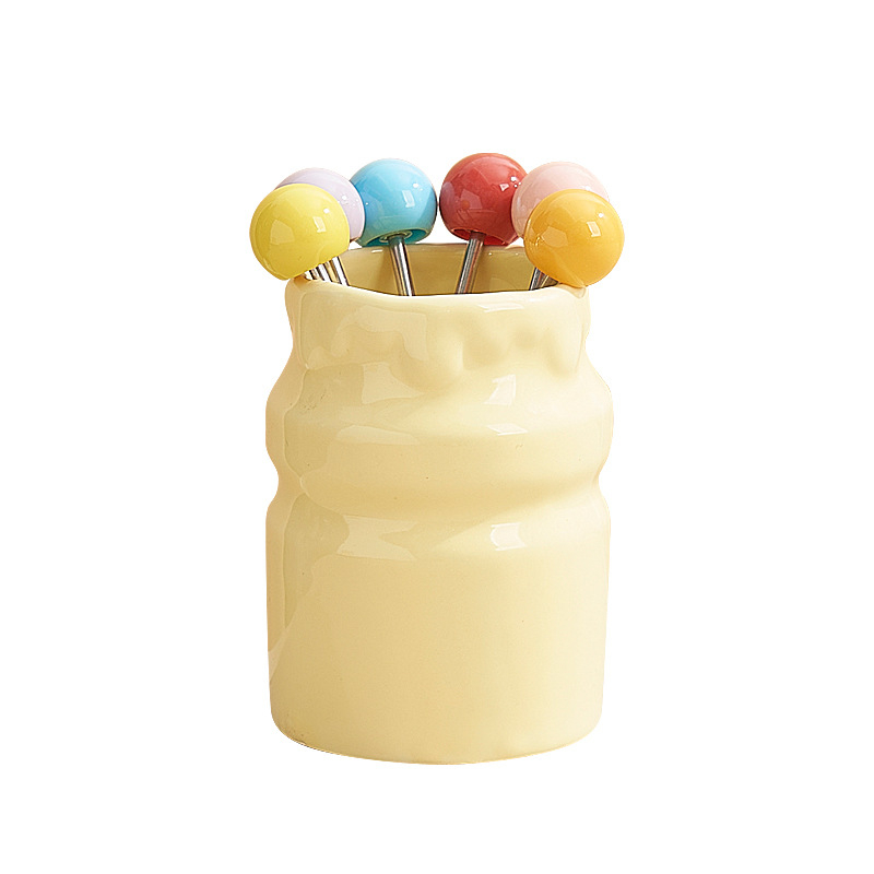 Set ceramic: sticlă de lapte, furci pentru fructe și furculițe de desert, borcan de depozitare, culoare sub glazură la temperaturi înalte, pentru ceaiul de după-amiază