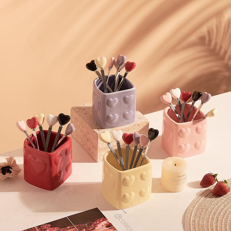 Set de furculițe din ceramică în formă de inimă cu recipient de depozitare, elegant pentru ceaiul de după-amiază, hoteluri și restaurante