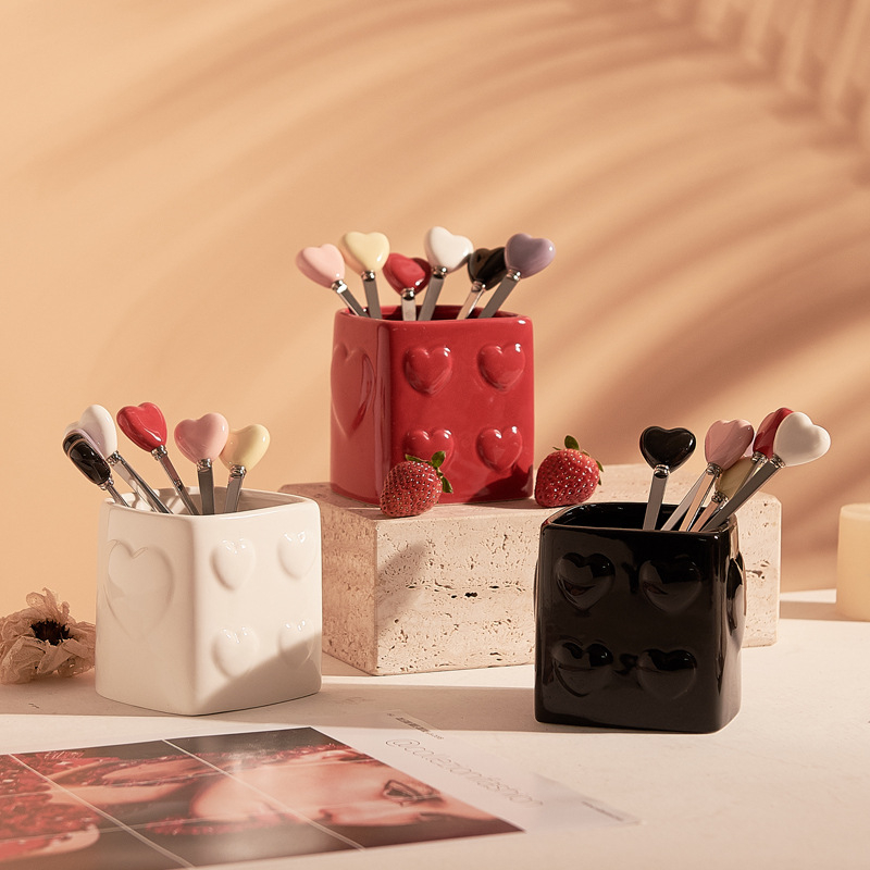 Set de furculițe din ceramică în formă de inimă cu recipient de depozitare, elegant pentru ceaiul de după-amiază, hoteluri și restaurante