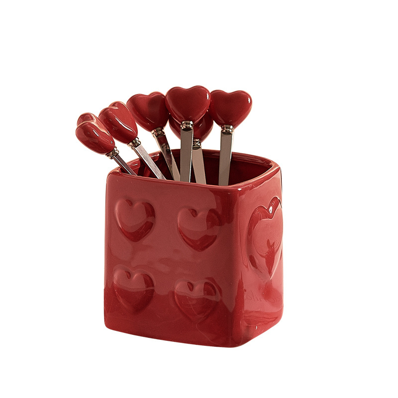 Set de furculițe din ceramică în formă de inimă cu recipient de depozitare, elegant pentru ceaiul de după-amiază, hoteluri și restaurante