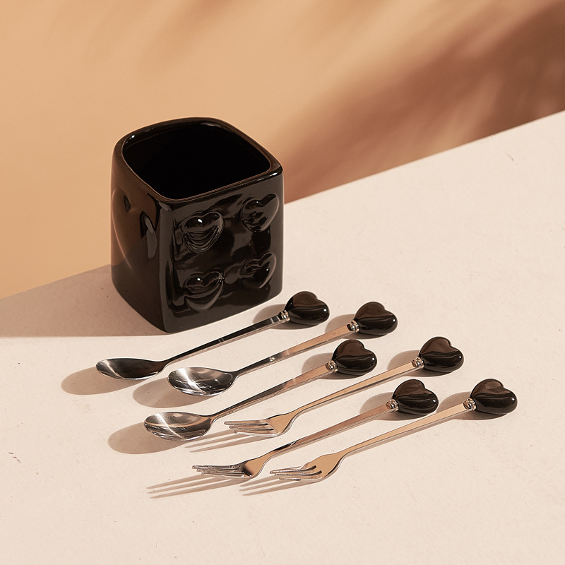 Set de furculițe din ceramică în formă de inimă cu recipient de depozitare, elegant pentru ceaiul de după-amiază, hoteluri și restaurante