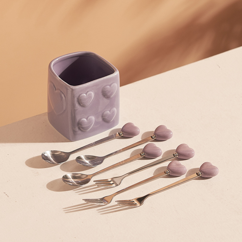 Set de furculițe din ceramică în formă de inimă cu recipient de depozitare, elegant pentru ceaiul de după-amiază, hoteluri și restaurante