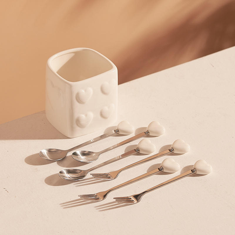Set de furculițe din ceramică în formă de inimă cu recipient de depozitare, elegant pentru ceaiul de după-amiază, hoteluri și restaurante