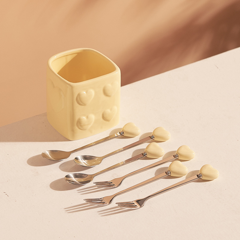 Set de furculițe din ceramică în formă de inimă cu recipient de depozitare, elegant pentru ceaiul de după-amiază, hoteluri și restaurante