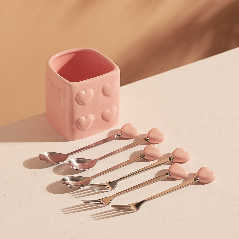 Set de furculițe din ceramică în formă de inimă cu recipient de depozitare, elegant pentru ceaiul de după-amiază, hoteluri și restaurante