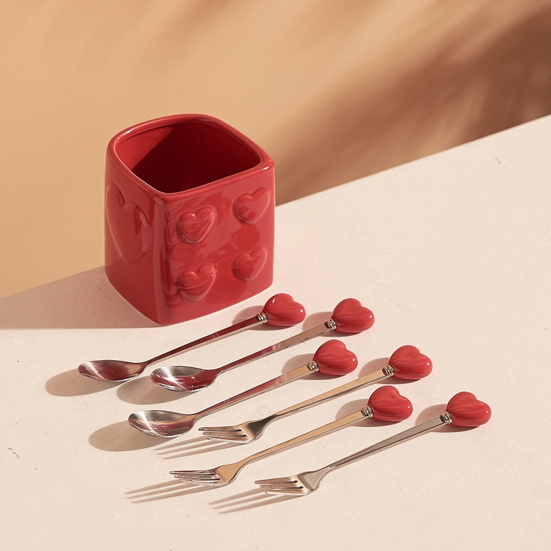Set de furculițe din ceramică în formă de inimă cu recipient de depozitare, elegant pentru ceaiul de după-amiază, hoteluri și restaurante