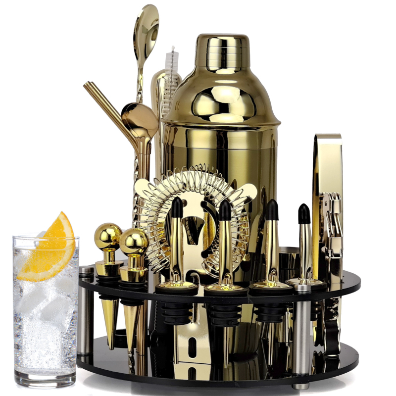 Set de cocktailuri cu 20 de piese, în nuanțe roz-auriu și negru, cu platou rotativ din acril