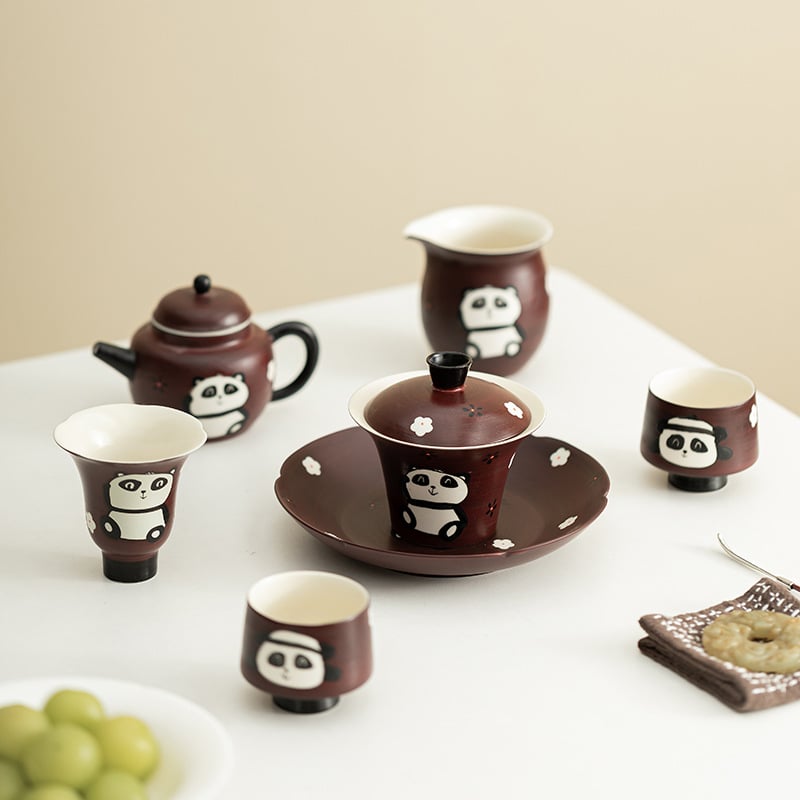 Set Gongfu de ceai Panda din porțelan ceramic, culoare Hawthorn Red, include ceainic, vas cu capac și căni – set complet