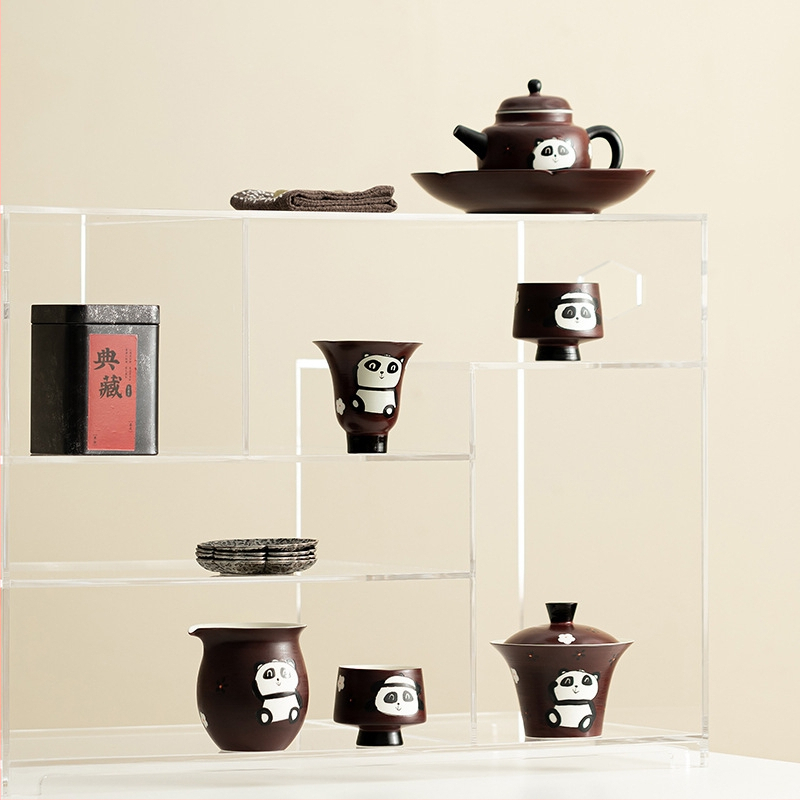 Set Gongfu de ceai Panda din porțelan ceramic, culoare Hawthorn Red, include ceainic, vas cu capac și căni – set complet