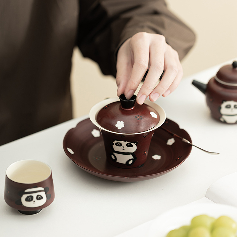 Set Gongfu de ceai Panda din porțelan ceramic, culoare Hawthorn Red, include ceainic, vas cu capac și căni – set complet