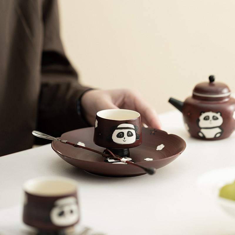 Set Gongfu de ceai Panda din porțelan ceramic, culoare Hawthorn Red, include ceainic, vas cu capac și căni – set complet