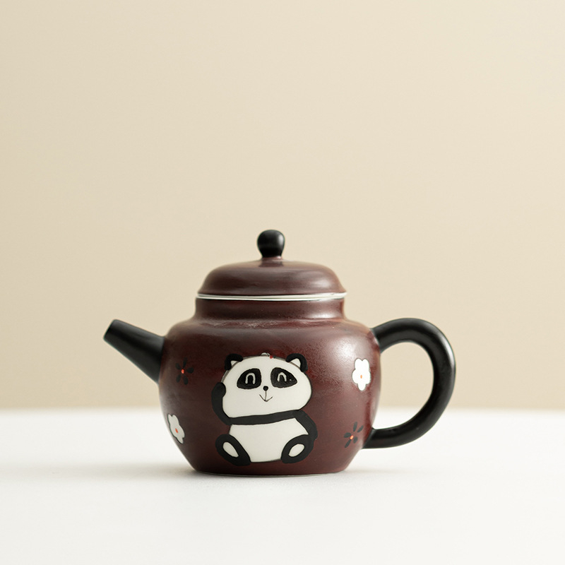 Set Gongfu de ceai Panda din porțelan ceramic, culoare Hawthorn Red, include ceainic, vas cu capac și căni – set complet