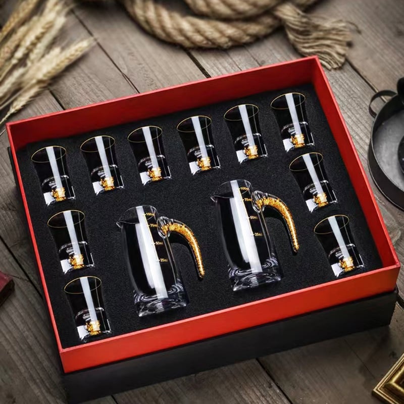Set de pahare din cristal cu foiță de aur — pahare mici, cu gură unică, fără plumb, cu dispenser de turnare, în cutie cadou