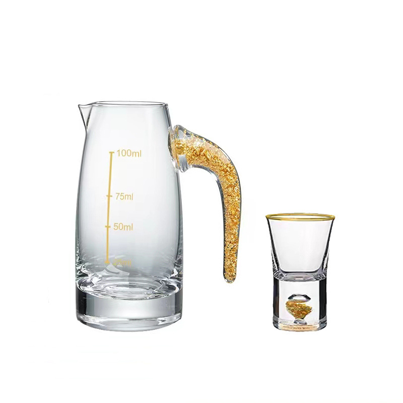 Set de pahare din cristal cu foiță de aur — pahare mici, cu gură unică, fără plumb, cu dispenser de turnare, în cutie cadou