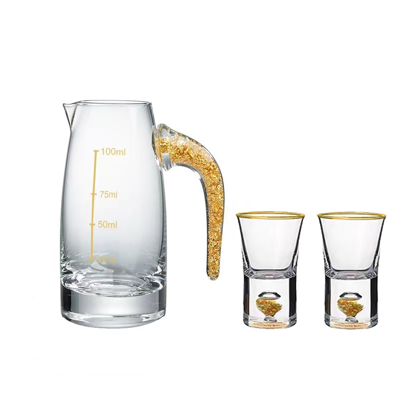Set de pahare din cristal cu foiță de aur — pahare mici, cu gură unică, fără plumb, cu dispenser de turnare, în cutie cadou