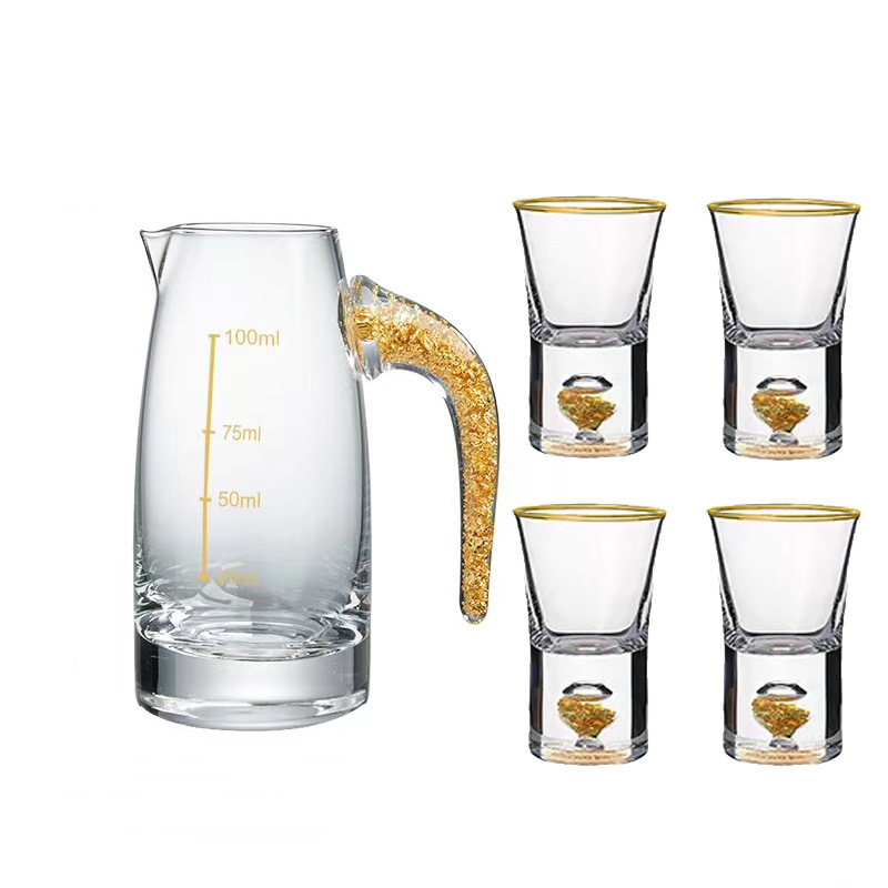 Set de pahare din cristal cu foiță de aur — pahare mici, cu gură unică, fără plumb, cu dispenser de turnare, în cutie cadou