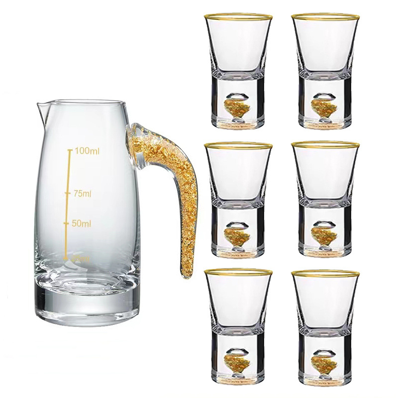 Set de pahare din cristal cu foiță de aur — pahare mici, cu gură unică, fără plumb, cu dispenser de turnare, în cutie cadou