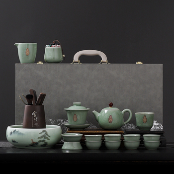 Ge Kiln Crackle-Glaze Kung Fu Tea Set – Ceainic ceramic de înaltă calitate, recipient pentru ceai și canistră de ceai într-o cutie cadou