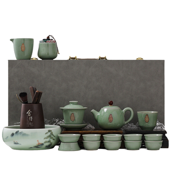 Ge Kiln Crackle-Glaze Kung Fu Tea Set – Ceainic ceramic de înaltă calitate, recipient pentru ceai și canistră de ceai într-o cutie cadou