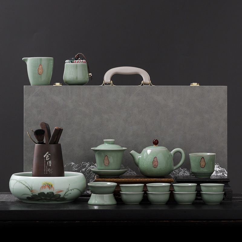 Ge Kiln Crackle-Glaze Kung Fu Tea Set – Ceainic ceramic de înaltă calitate, recipient pentru ceai și canistră de ceai într-o cutie cadou