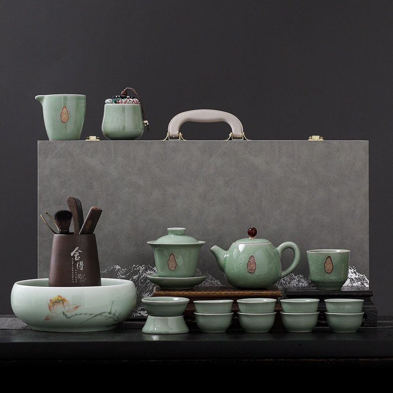 Ge Kiln Crackle-Glaze Kung Fu Tea Set – Ceainic ceramic de înaltă calitate, recipient pentru ceai și canistră de ceai într-o cutie cadou