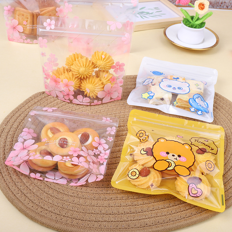 Pungă transparentă cu design desen animat pentru gustări, cu fermoar, portabilă, dimensiune medie, husă handmade pentru biscuiți, bomboane și ciocolată