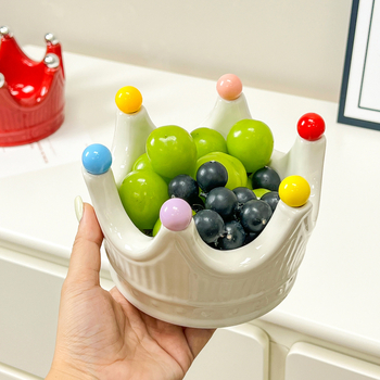 Farfurie ceramică pentru fructe în formă de coroană, cu furculiță pentru fructe, stil influencer, bol elegant de fructe pentru living