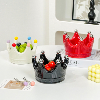 Farfurie ceramică pentru fructe în formă de coroană, cu furculiță pentru fructe, stil influencer, bol elegant de fructe pentru living