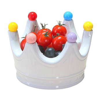 Farfurie ceramică pentru fructe în formă de coroană, cu furculiță pentru fructe, stil influencer, bol elegant de fructe pentru living