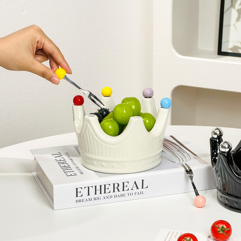 Farfurie ceramică pentru fructe în formă de coroană, cu furculiță pentru fructe, stil influencer, bol elegant de fructe pentru living