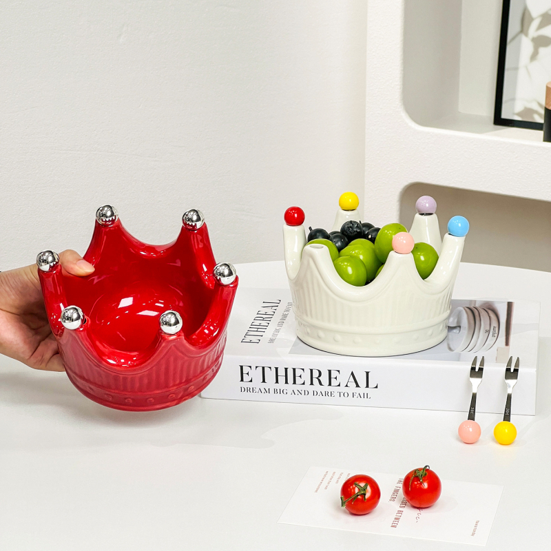 Farfurie ceramică pentru fructe în formă de coroană, cu furculiță pentru fructe, stil influencer, bol elegant de fructe pentru living