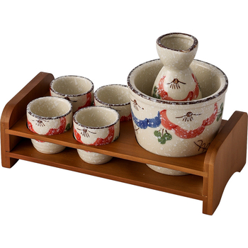 Set de pahare pentru lichior din ceramică, pictură manuală sub glazură, cu recipient încălzitor și suport din lemn pentru expunere în restaurant
