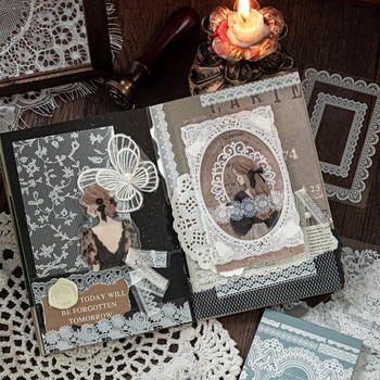Sugar Poetry PET Autocolante Dantelate – Carte pentru jurnal, Muzeul Dantelilor, stil retro, decorațiuni DIY pentru colaje