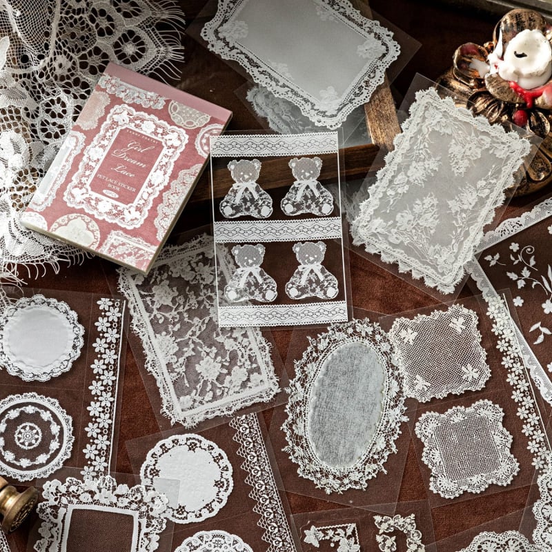 Sugar Poetry PET Autocolante Dantelate – Carte pentru jurnal, Muzeul Dantelilor, stil retro, decorațiuni DIY pentru colaje