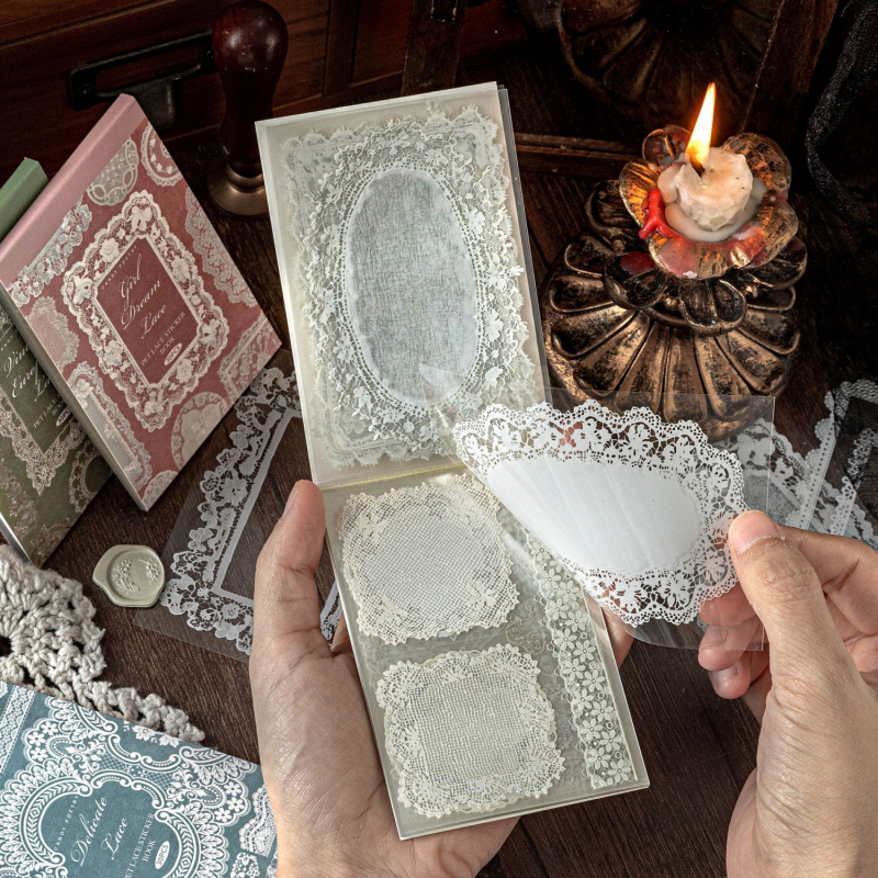 Sugar Poetry PET Autocolante Dantelate – Carte pentru jurnal, Muzeul Dantelilor, stil retro, decorațiuni DIY pentru colaje