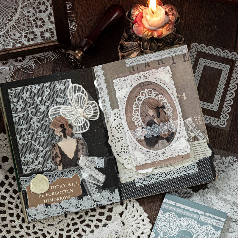 Sugar Poetry PET Autocolante Dantelate – Carte pentru jurnal, Muzeul Dantelilor, stil retro, decorațiuni DIY pentru colaje