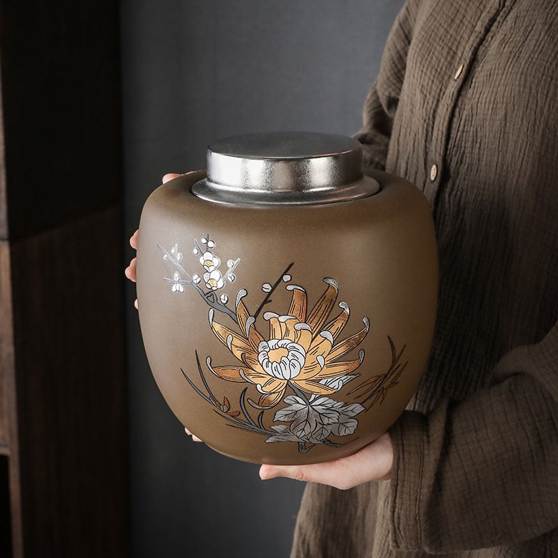 Recipient ceramic sigilat pentru ceai, în stil chinezesc retro, borcan mare de depozitare Pu'er, spațiu de depozitare acasă cu husă cadou