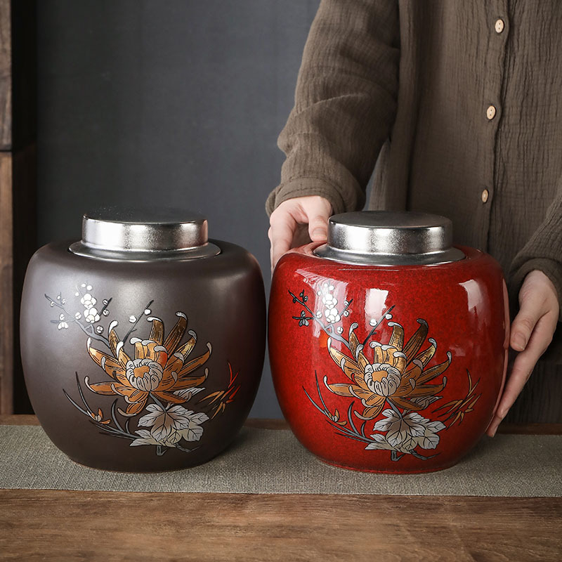 Recipient ceramic sigilat pentru ceai, în stil chinezesc retro, borcan mare de depozitare Pu'er, spațiu de depozitare acasă cu husă cadou