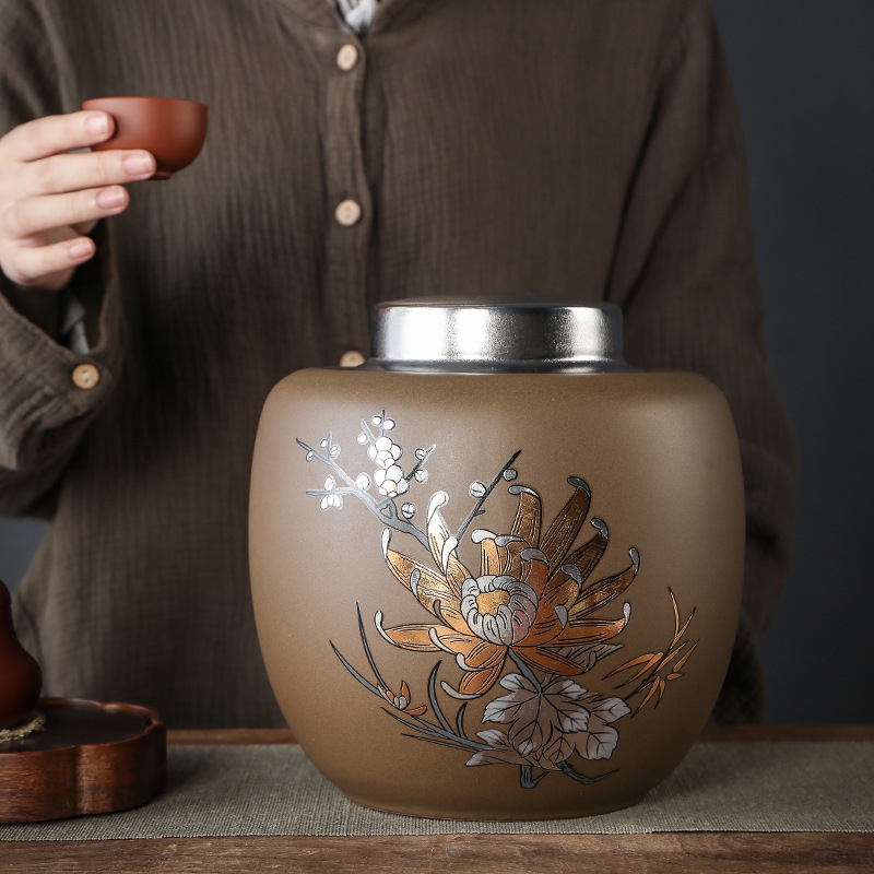 Recipient ceramic sigilat pentru ceai, în stil chinezesc retro, borcan mare de depozitare Pu'er, spațiu de depozitare acasă cu husă cadou
