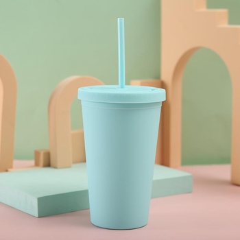 Pahar din plastic cu dublu perete, izolat, AS/PS, cu pai, pentru ceai cu lapte