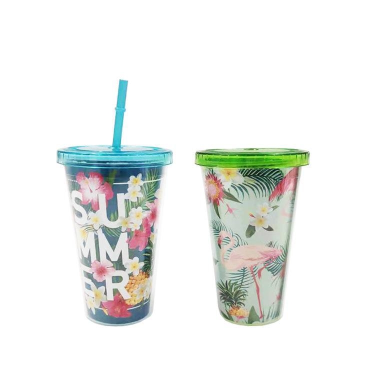 Pahar din plastic cu dublu perete, izolat, AS/PS, cu pai, pentru ceai cu lapte