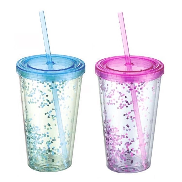 Pahar din plastic cu dublu perete, izolat, AS/PS, cu pai, pentru ceai cu lapte